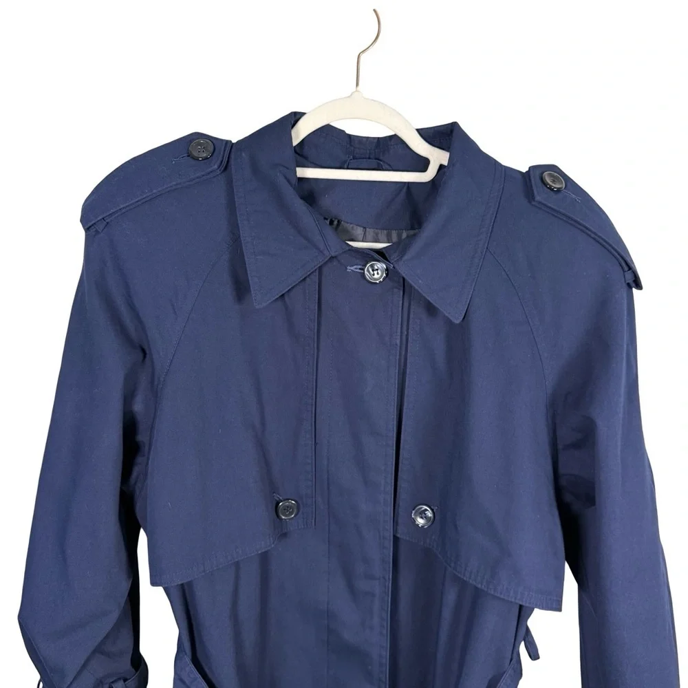 Image Navy Belted Trench Coat Size L or XL Classic Minimalist Outerwear - Picture 13 of 15